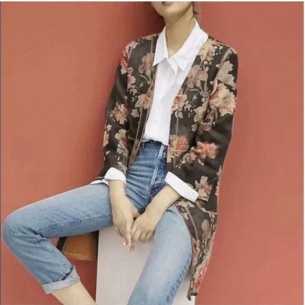 Solitaire x Anthro Longline Faux Suede Kimono Duster Jacket Floral Taupe Sz Med